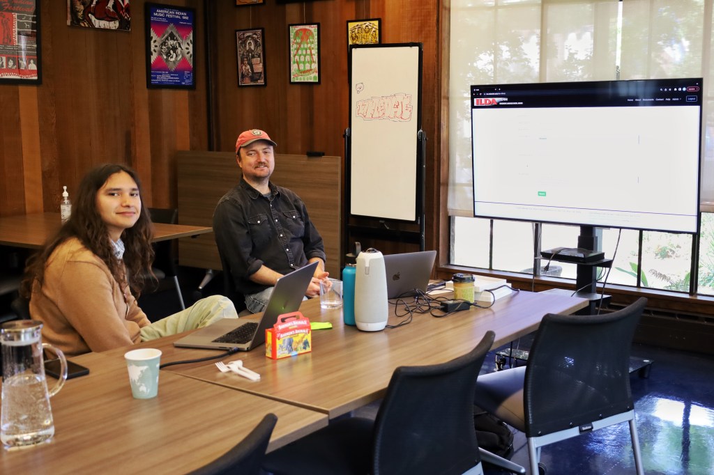 Two people sit at a table in front of their computers. The ILDA website is projected on a screen in front of the two. 